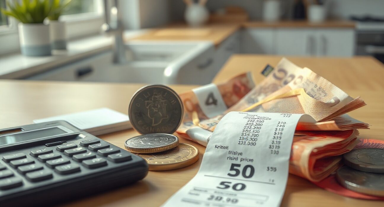 Canadian dollar coins and banknotes with a calculator and shopping receipt showing rising prices