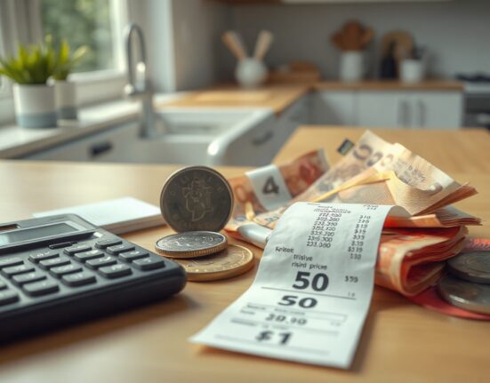 Canadian dollar coins and banknotes with a calculator and shopping receipt showing rising prices