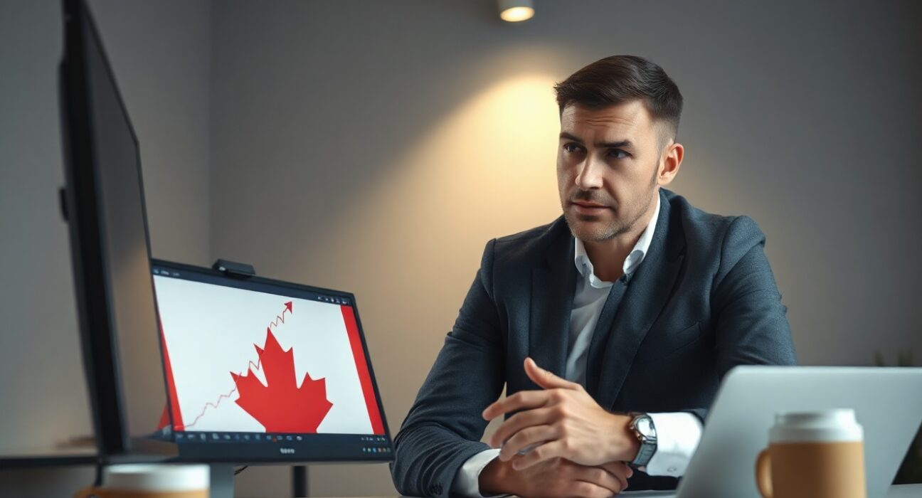 Economist analyzing rising inflation data on a screen with a Canadian flag in the background