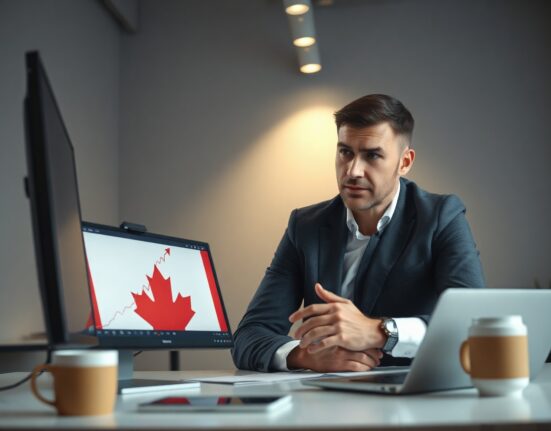 Economist analyzing rising inflation data on a screen with a Canadian flag in the background
