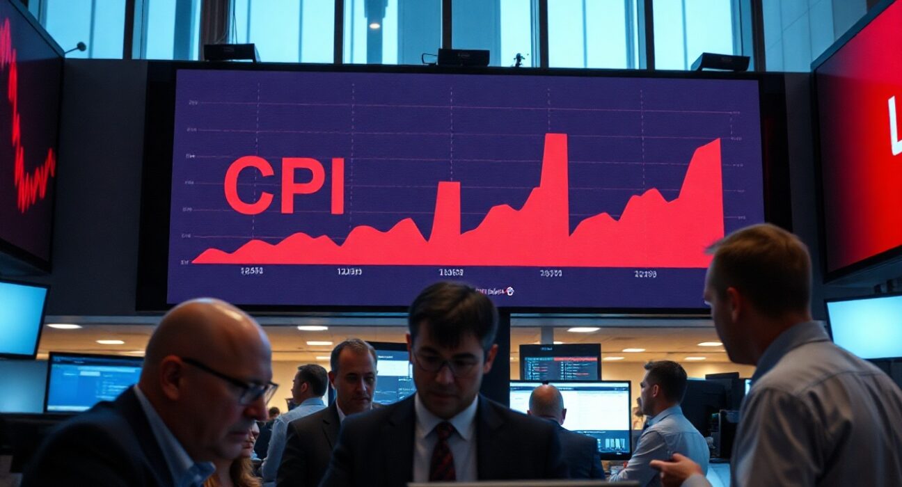 Digital display showing Canada CPI data with upward trending bar chart on a trading floor