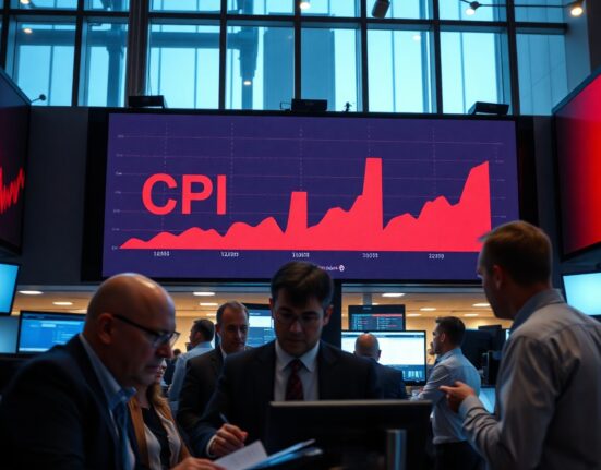 Digital display showing Canada CPI data with upward trending bar chart on a trading floor