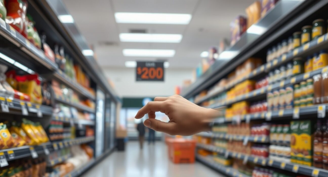 Shopper looking at price tags in a Canadian grocery store, representing consumer inflation data.