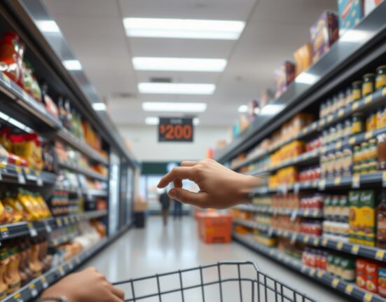 Shopper looking at price tags in a Canadian grocery store, representing consumer inflation data.