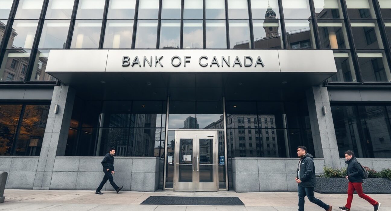 Bank of Canada building in Ottawa on a cloudy day, representing monetary policy and inflation data.