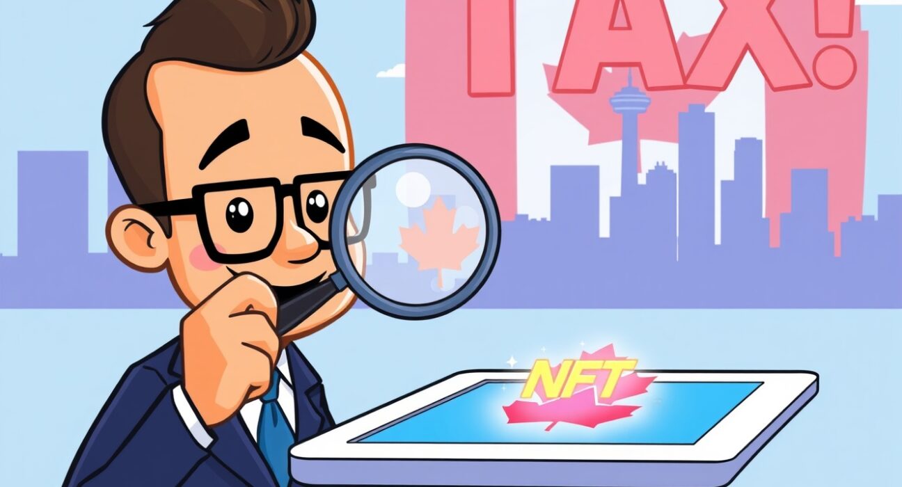 Cartoon illustration of a Canadian tax investigation focusing on Dapper Labs and digital collectibles.
