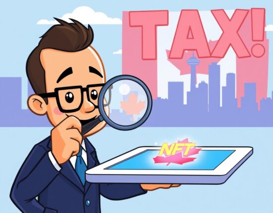 Cartoon illustration of a Canadian tax investigation focusing on Dapper Labs and digital collectibles.