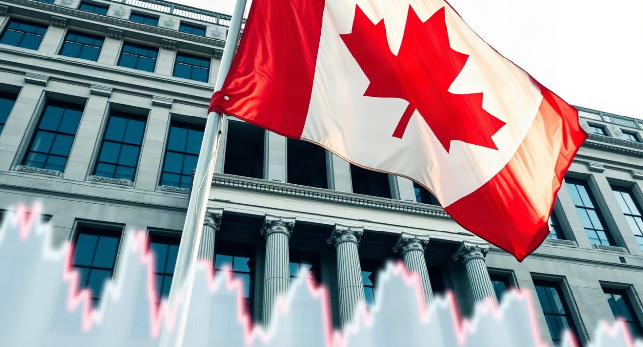 Canadian flag and Bank of Canada building, representing the country's current account surplus in Q2 2024.