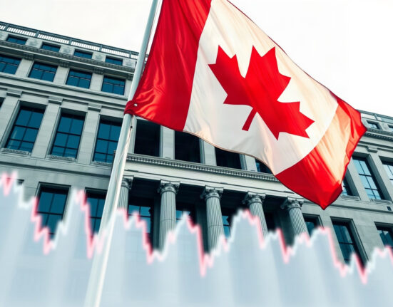 Canadian flag and Bank of Canada building, representing the country's current account surplus in Q2 2024.