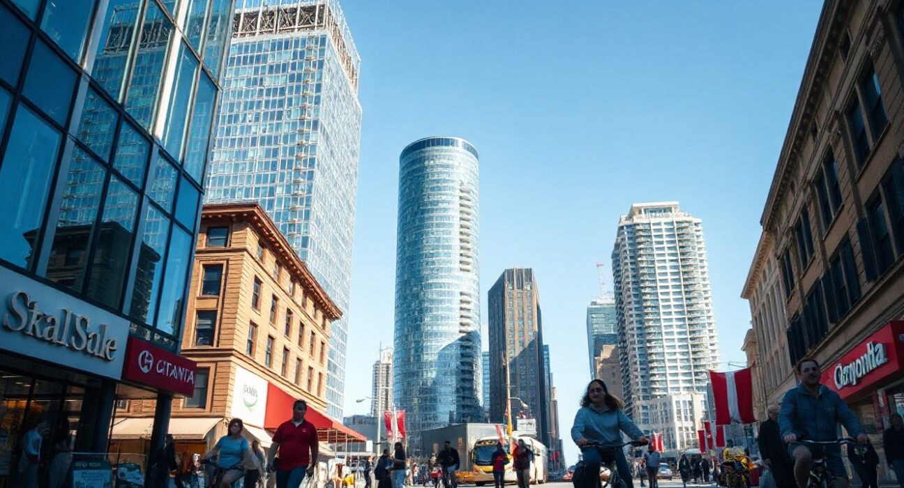 Busy Canadian city street with pedestrians and cyclists on a sunny day, symbolizing economic recovery