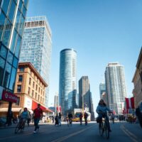 Busy Canadian city street with pedestrians and cyclists on a sunny day, symbolizing economic recovery
