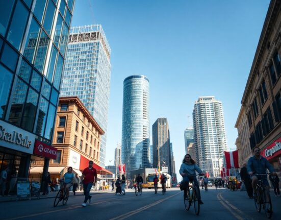 Busy Canadian city street with pedestrians and cyclists on a sunny day, symbolizing economic recovery