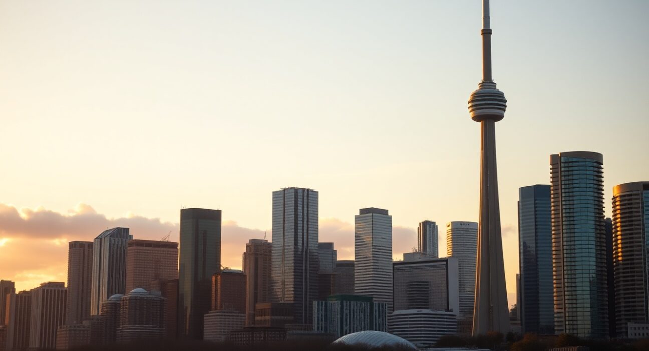 Toronto skyline with CN Tower at sunset, symbolizing Canada's economic growth