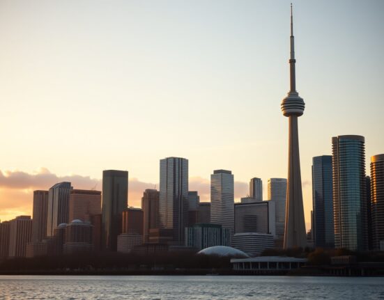 Toronto skyline with CN Tower at sunset, symbolizing Canada's economic growth