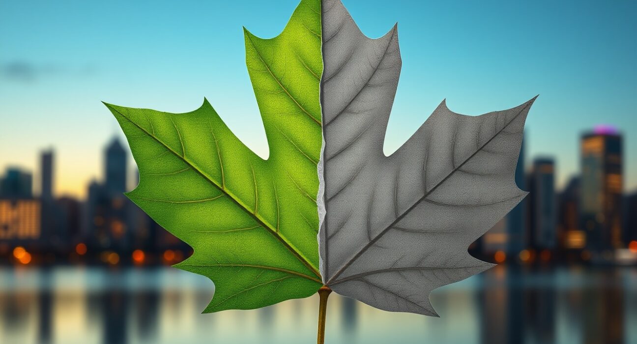 Analysis of Canada's economic growth and persistent output gap symbolized by a split maple leaf.