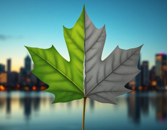 Analysis of Canada's economic growth and persistent output gap symbolized by a split maple leaf.