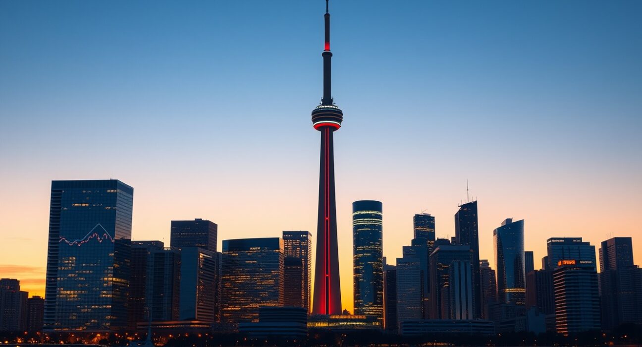 Canada economic growth forecast illustrated by Toronto skyline at dusk with RBC analysis context.