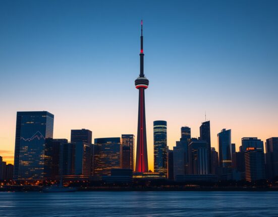 Canada economic growth forecast illustrated by Toronto skyline at dusk with RBC analysis context.