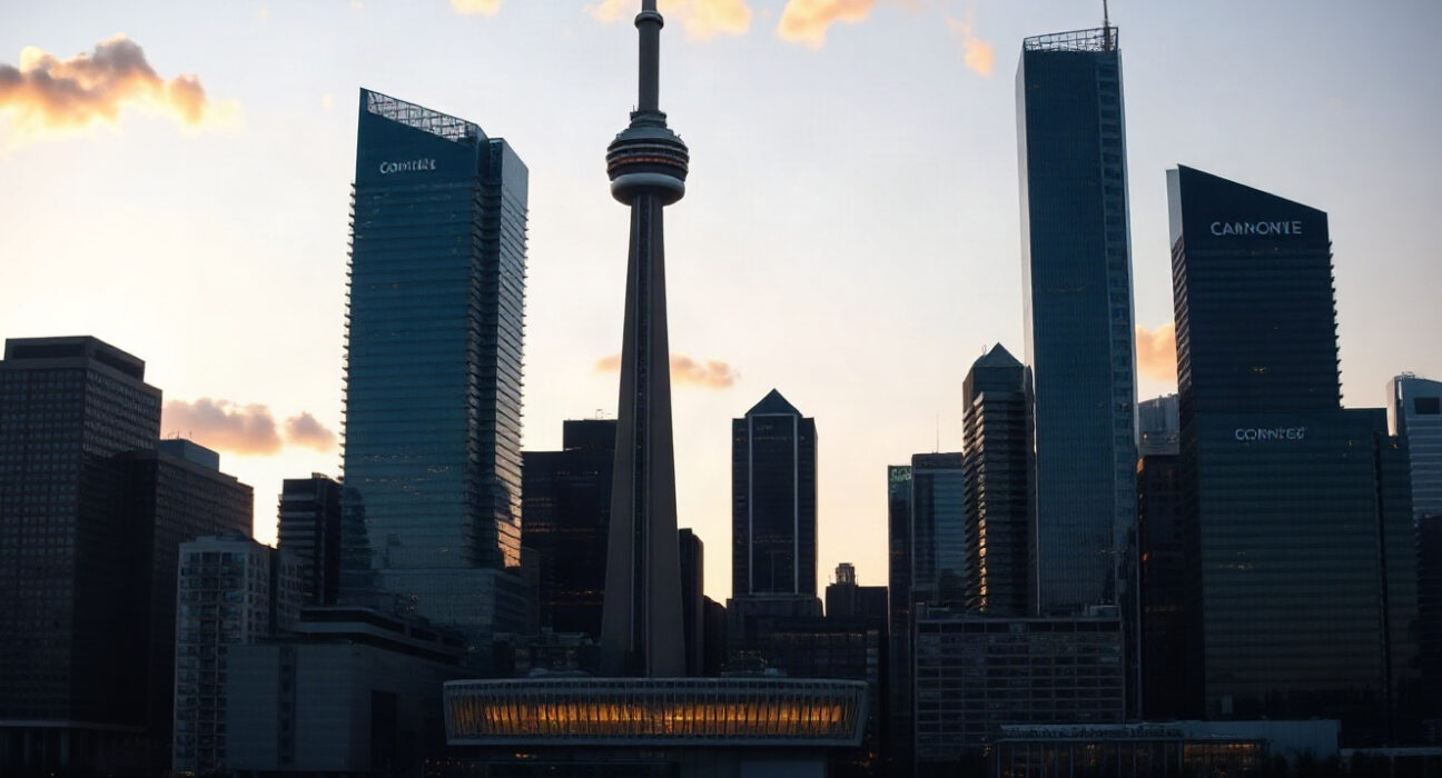 Downtown Toronto financial district skyline at dusk, representing Canada's economic hub.