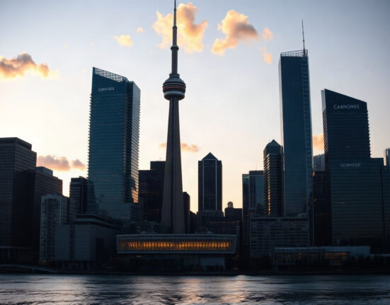 Downtown Toronto financial district skyline at dusk, representing Canada's economic hub.