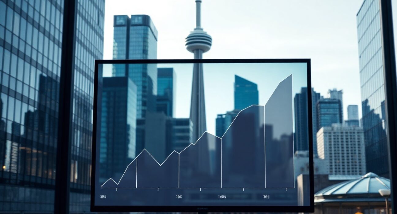 Canadian city skyline with financial district and economic data on a screen, symbolizing growth