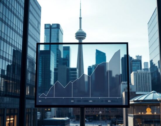 Canadian city skyline with financial district and economic data on a screen, symbolizing growth