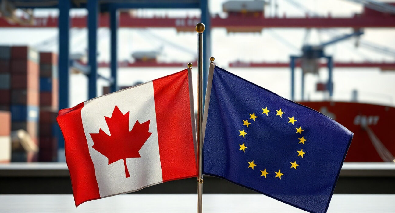 Canadian and EU flags representing trade relations and protectionist challenges