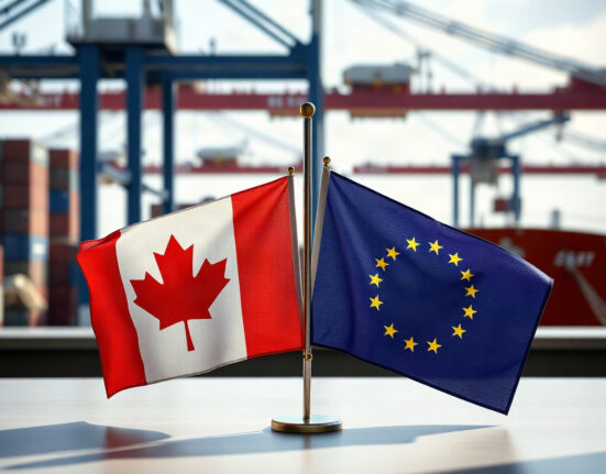 Canadian and EU flags representing trade relations and protectionist challenges