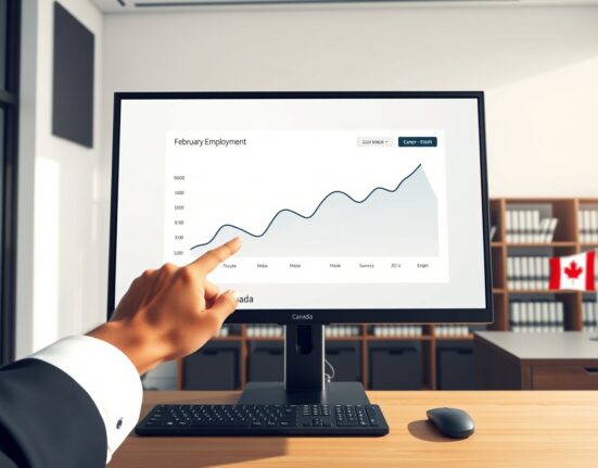 Analysis of Canada's February labor market data showing employment growth trends on an economic dashboard.