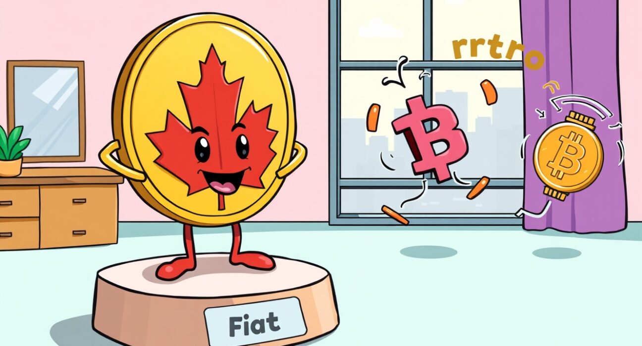 A cartoon illustrating Canada's new policy favoring stable fiat-pegged stablecoins over volatile digital assets.