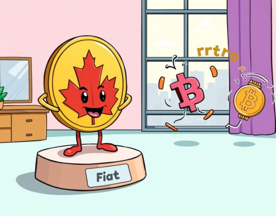 A cartoon illustrating Canada's new policy favoring stable fiat-pegged stablecoins over volatile digital assets.