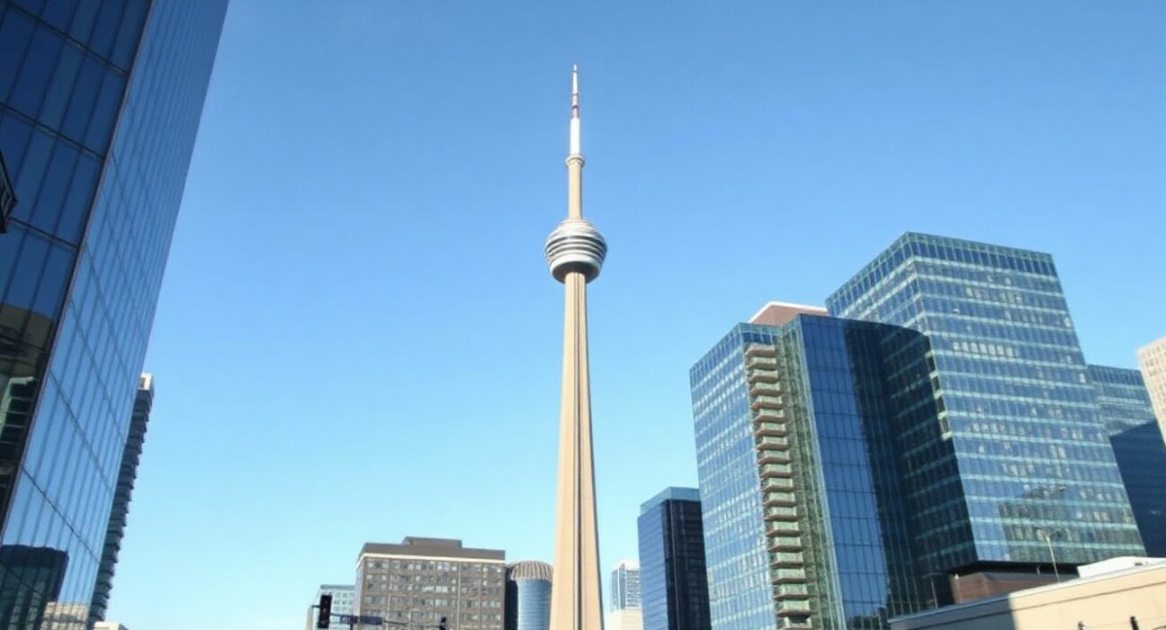 Toronto financial district skyline with CN Tower, representing Canada's investment activity.