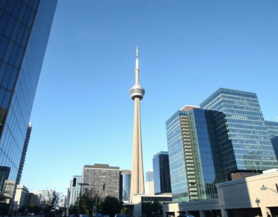 Toronto financial district skyline with CN Tower, representing Canada's investment activity.