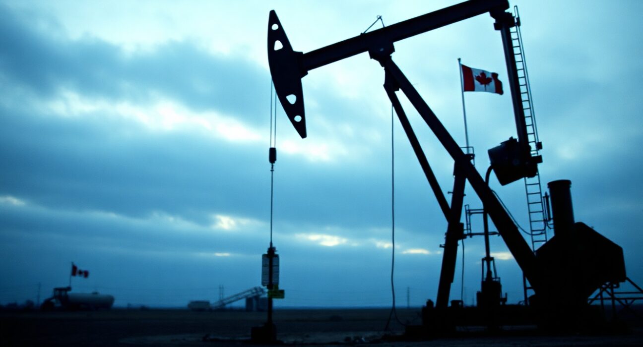 Canadian oil pumpjack in a dry field under an overcast sky, symbolizing economic fragility