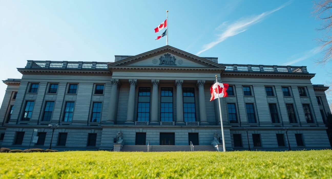 Bank of Canada building in Ottawa on a sunny spring day, representing Canada's economic data release.