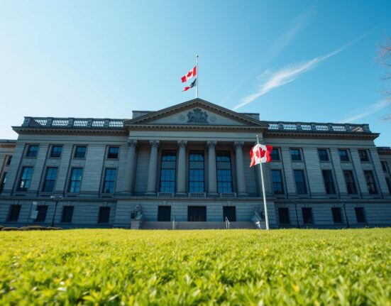 Bank of Canada building in Ottawa on a sunny spring day, representing Canada's economic data release.