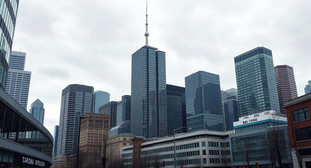 Overcast view of Toronto's financial district skyline reflecting subdued economic conditions in Canada's Q1 GDP contraction