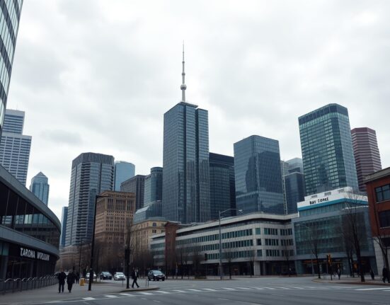 Overcast view of Toronto's financial district skyline reflecting subdued economic conditions in Canada's Q1 GDP contraction