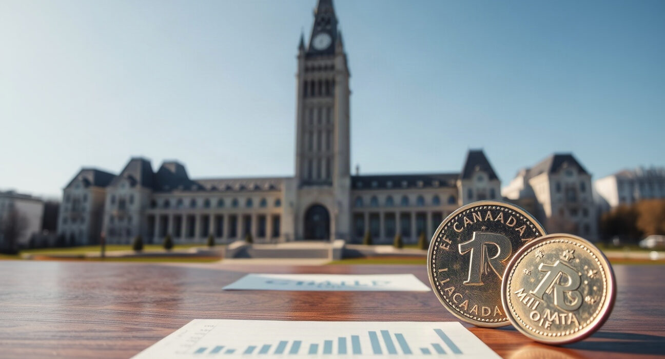 Canadian Parliament Buildings in Ottawa with economic charts and a Canadian dollar coin in the foreground