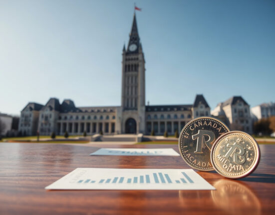 Canadian Parliament Buildings in Ottawa with economic charts and a Canadian dollar coin in the foreground
