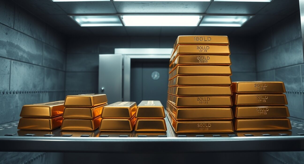 Stacked gold bars in a secure vault, representing Canada's rising gold export value.