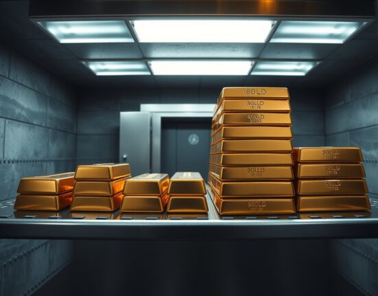Stacked gold bars in a secure vault, representing Canada's rising gold export value.