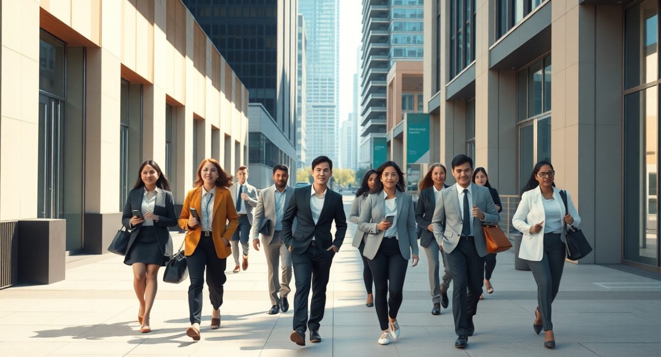 Canadian workers demonstrating gradual labor market recovery with professional confidence in urban setting