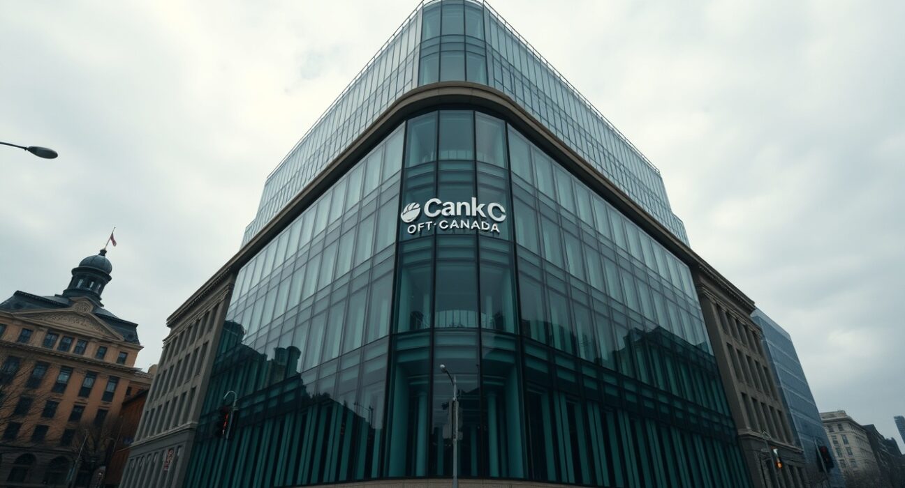 Bank of Canada building in Ottawa on a cloudy day, representing steady monetary policy.