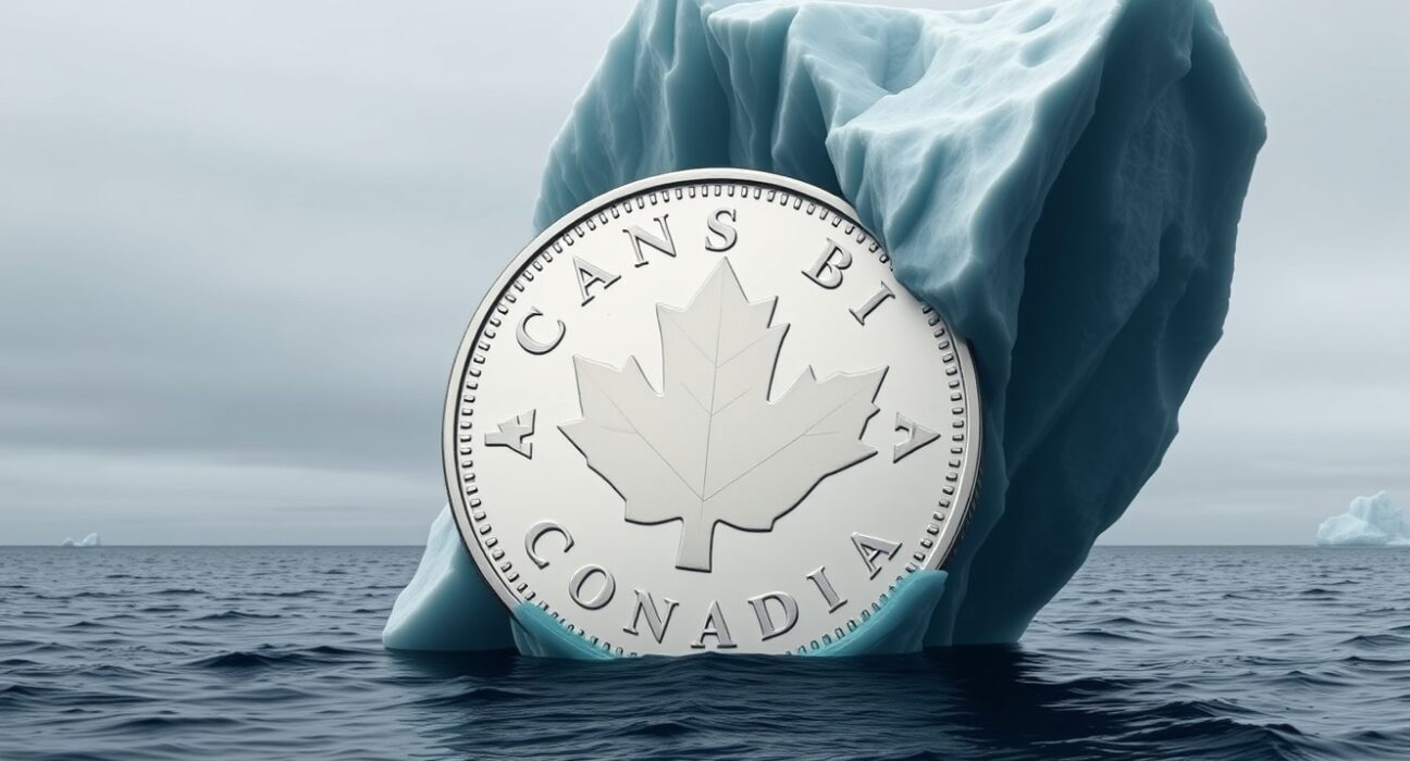 Canadian loonie coin partially hidden by an iceberg representing structural headwinds in Canada economic growth.