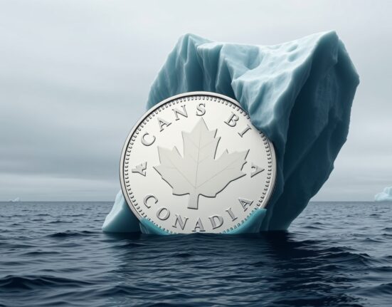 Canadian loonie coin partially hidden by an iceberg representing structural headwinds in Canada economic growth.