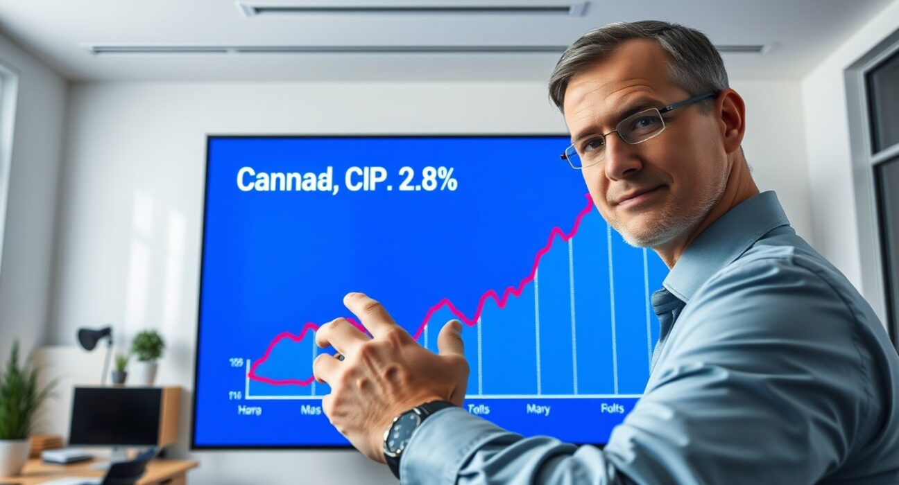 Economist pointing to a digital chart showing Canada's CPI at 2.8% in a modern office
