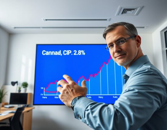Economist pointing to a digital chart showing Canada's CPI at 2.8% in a modern office