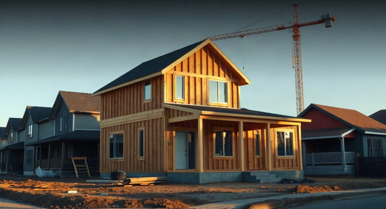 Residential construction site in a Canadian neighborhood with a tower crane, representing housing starts data.