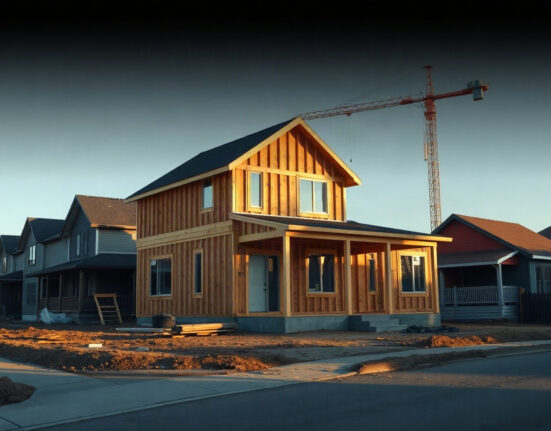 Residential construction site in a Canadian neighborhood with a tower crane, representing housing starts data.